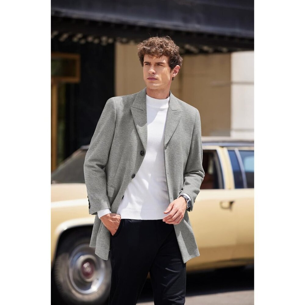 Men's Wool Blend Coat Detachable Plaid Scarf Notched Collar Pea Coat Light Grey - Picture 5 of 6